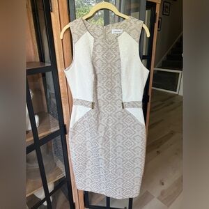 Calvin Klein Sheath Dress work business shift belted gold textured sleeveless